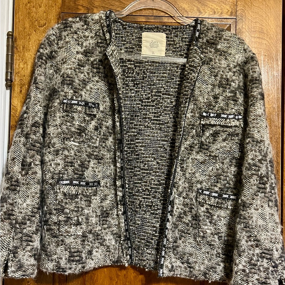 Zara Knitwear Marled Gray, Black and Cream Open Cardigan